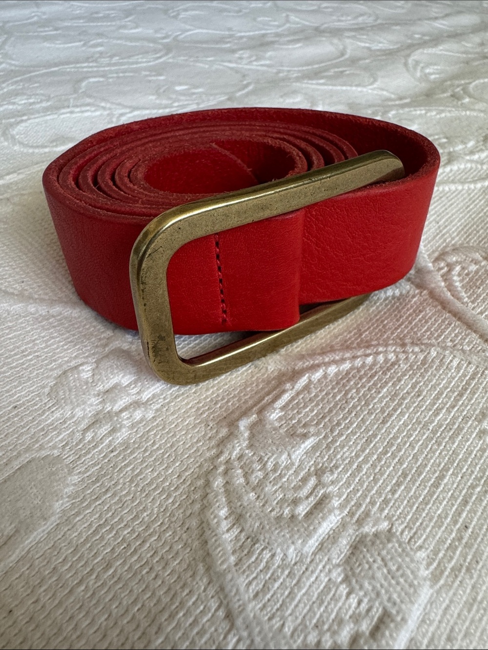 J. Crew Red Genuine Italian Leather Belt with Brass-Tone Rectangular Buckle